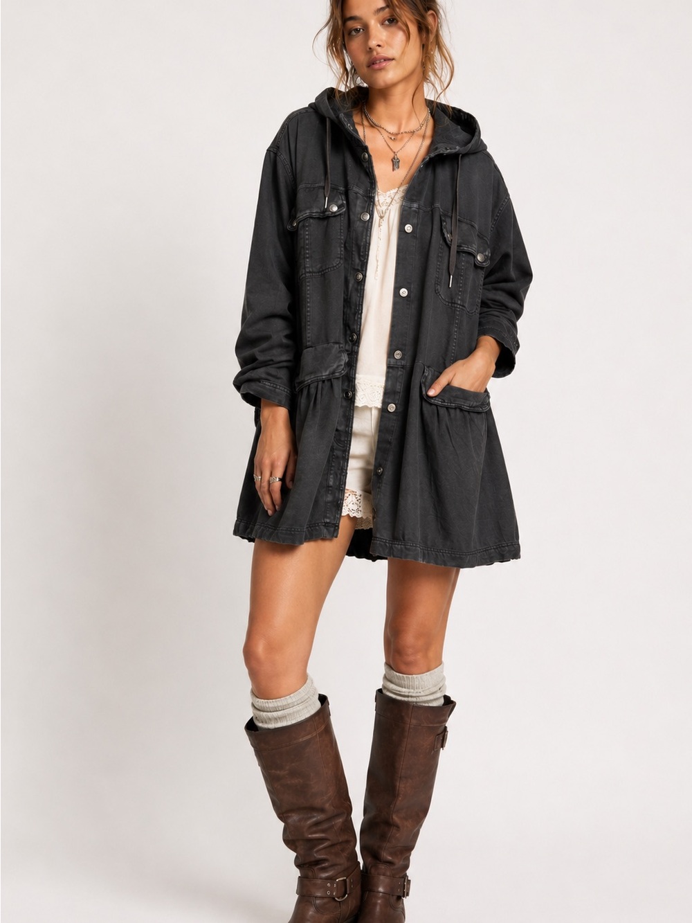 We The Free Free People Oversized Hooded Utility Jacket Charcoal Washed Cotton M